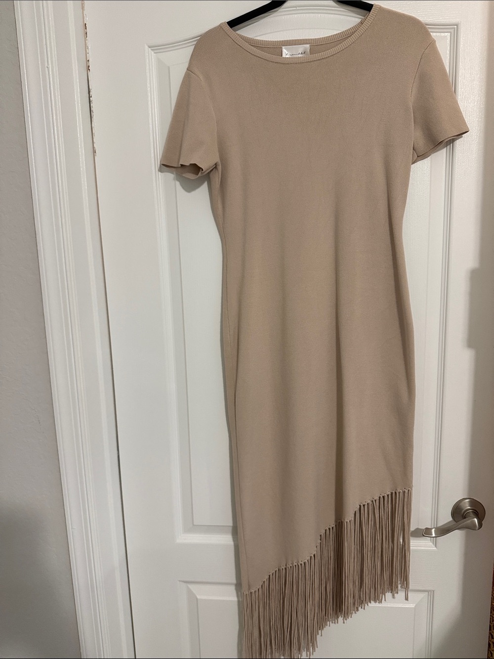 Line & Dot Taupe Fringe-Hem Short Sleeve Dress